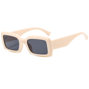 Retro rectangular sunglasses with beige thick frames and dark grey lenses for women