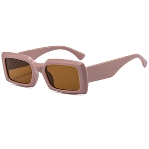 Retro rectangular sunglasses with thick dusty pink frames and brown lenses for women