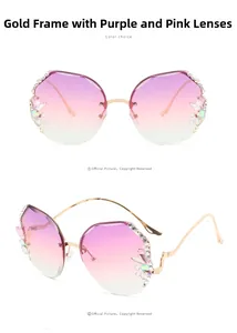 Detail of gradient purple lenses with rhinestone floral accents on rimless sunglasses