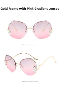 Detail of rimless gradient lenses with rhinestone and pink gem inlay on gold frames