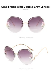 Detail of rimless gradient lenses with sparkling rhinestone flowers on gold frames