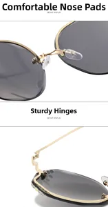 Close-up of golden metal hinges and comfortable silicone nose pads with rhinestone accents