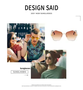 Outdoor street style shot of rimless geometric sunglasses with tea gradient lenses