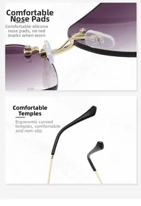 Detail of adjustable silicone nose pads and ergonomic temples of purple gradient sunglasses