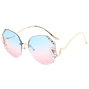 Fashion rimless oversized sunglasses with blue-pink gradient lenses and diamond accents