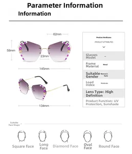 Detailed size specifications for rimless butterfly sunglasses with purple rhinestones