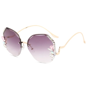 Fashionable rimless gradient purple sunglasses with luxury rhinestone and gold metal temples