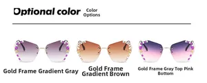 Detail view of rimless rhinestone sunglasses with gold frames and gradient lenses