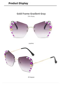 Detailed view of rimless purple gradient sunglasses with rhinestone and bee accents
