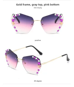 Macro shot of rimless gradient sunglasses with crystal accents and bee ornament details