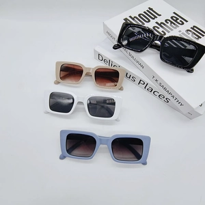 Retro rectangular sunglasses in black, beige, white, and blue with thick PC frames
