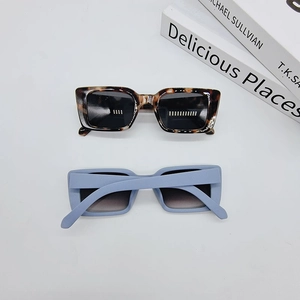 Retro small square sunglasses in tortoiseshell and blue matte frames on white books