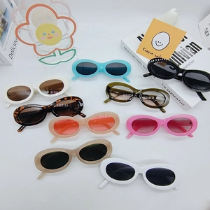 Retro oval frame sunglasses in multiple vibrant colors arranged on a white background