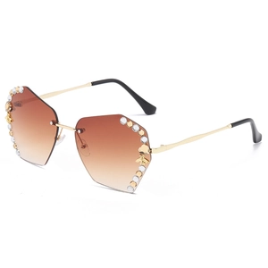 Frameless rhinestone sunglasses with bee decor and brown gradient geometric lenses