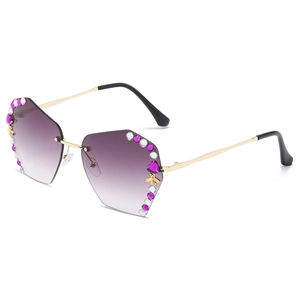 Frameless hexagonal gradient sunglasses with rhinestone trim and golden bee detail