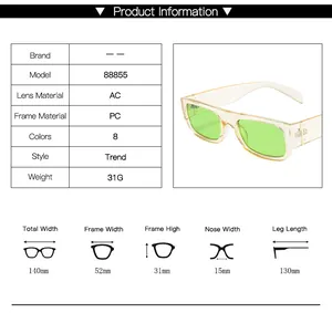 Detailed size chart for retro rectangle hip hop sunglasses with precise measurements