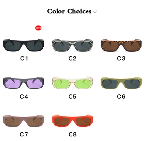 Grid layout showing eight colorful rectangular hip-hop sunglasses in various trendy shades