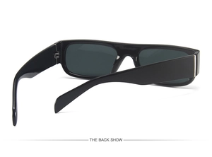 Rear view of sleek black rectangular sunglasses with wide temples and silver hinges