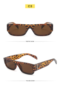 Detailed front and side views of leopard print rectangular sunglasses in brown shade