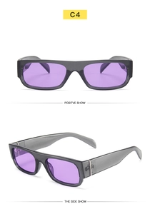 Detailed front and side view of rectangular gray frames with purple tinted lenses