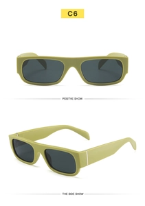 Front and side views of olive green rectangular sunglasses with silver hinge details