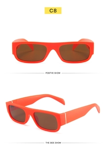 Detailed views of orange retro rectangle sunglasses with dark brown lenses from multiple angles