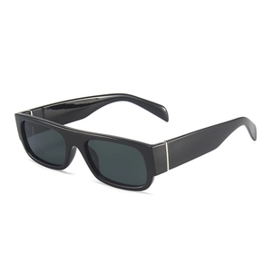 Modern rectangle black sunglasses with thick frames and silver metal details on temples