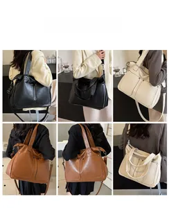 Detailed views of vintage tote bags in black, beige, and caramel with reinforced straps