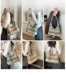 Detail shots showing the large rainbow woven straw tote bag from multiple angles