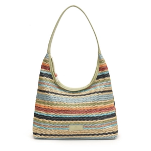 Handmade rainbow striped woven tote bag with green handles and leather brand patch