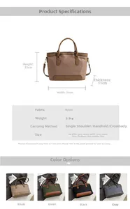 Detailed chart showing nylon tote bag dimensions, multiple colors, and versatile carrying modes