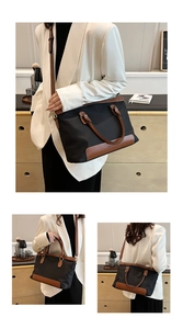 Detailed views of a large nylon tote bag in black and brown for versatile styling