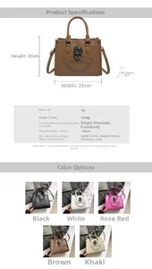Detailed size specifications and material chart for punk tote bag with skull studs