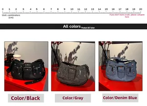 Three colors of faux leather and denim baguette bags with rivets and metal buckles