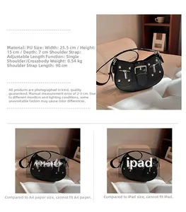 Detailed view of punk style PU leather crescent bag with dimensions 25.5x15x7cm and rivets