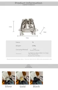 Detail view of metallic drawstring bucket bag with tassel accent and chain strap