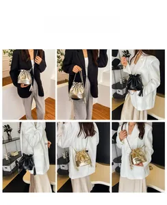 Multiple views of mini drawstring bucket bag with metal chain and long tassel details