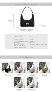 Detailed size chart and multi-color options for silver bow hobo shoulder bag in PU leather