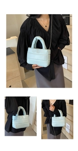 Detailed views of a light blue quilted bucket bag with chain strap shown by a model
