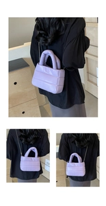 Three-way view of purple quilted bucket bag with chain strap and handle detail