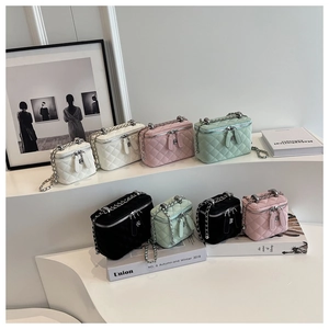 Detailed set of diamond quilted mini chain bags in black, green, pink, and white colors