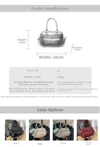 Detailed dimension chart for silver PU leather tote bag with size and color specifications