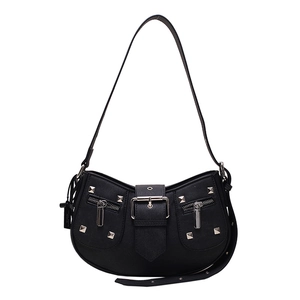 Classic black crescent shoulder bag with silver studs and buckles in a chic biker style