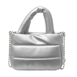Silver puffy PU leather handbag with quilted texture and metal chain shoulder strap