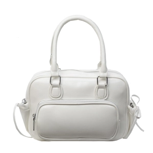 Stylish white PU leather backpack for women featuring a top handle and drawstring details
