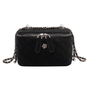 Elegant black quilted chain bag with silver camellia floral metal ornament decoration