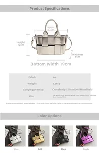 Detailed size chart and multi-color view of woven PU leather handbag with dimensions