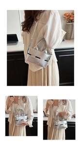 Detailed views of silver metallic woven bucket bag from three different stylish angles