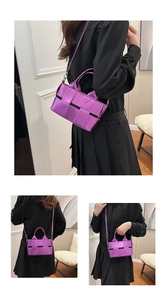 Three-angle views showing metallic purple woven handbag with detachable shoulder strap