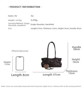 Dimensions du sac porté épaule en PU marron avec iPhone 16 Pro Max pour échelle visuelle
